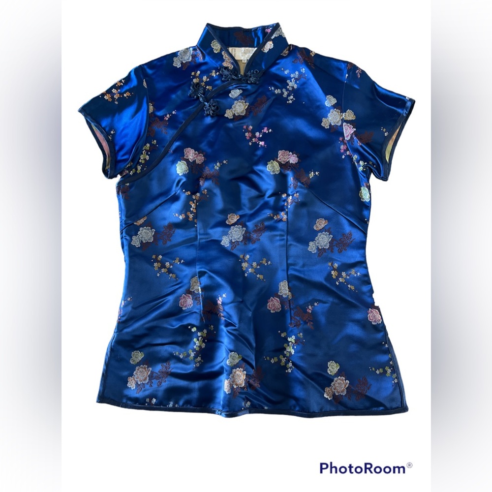 Cathaya Blue Silk Mandarin Style Blouse sz 36